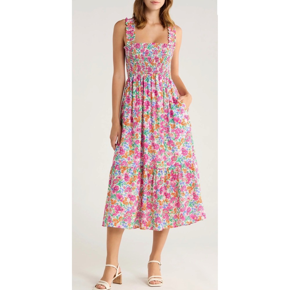 The Standard Stitch Floral Smocked Midi Dress Multi Color Ruffle Strap L